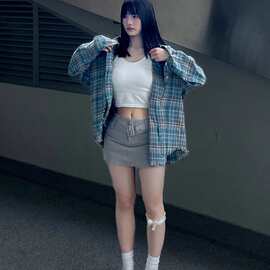 美式复古设计格纹衬衫男女情侣宽松休闲风长袖外套衬衣上衣服