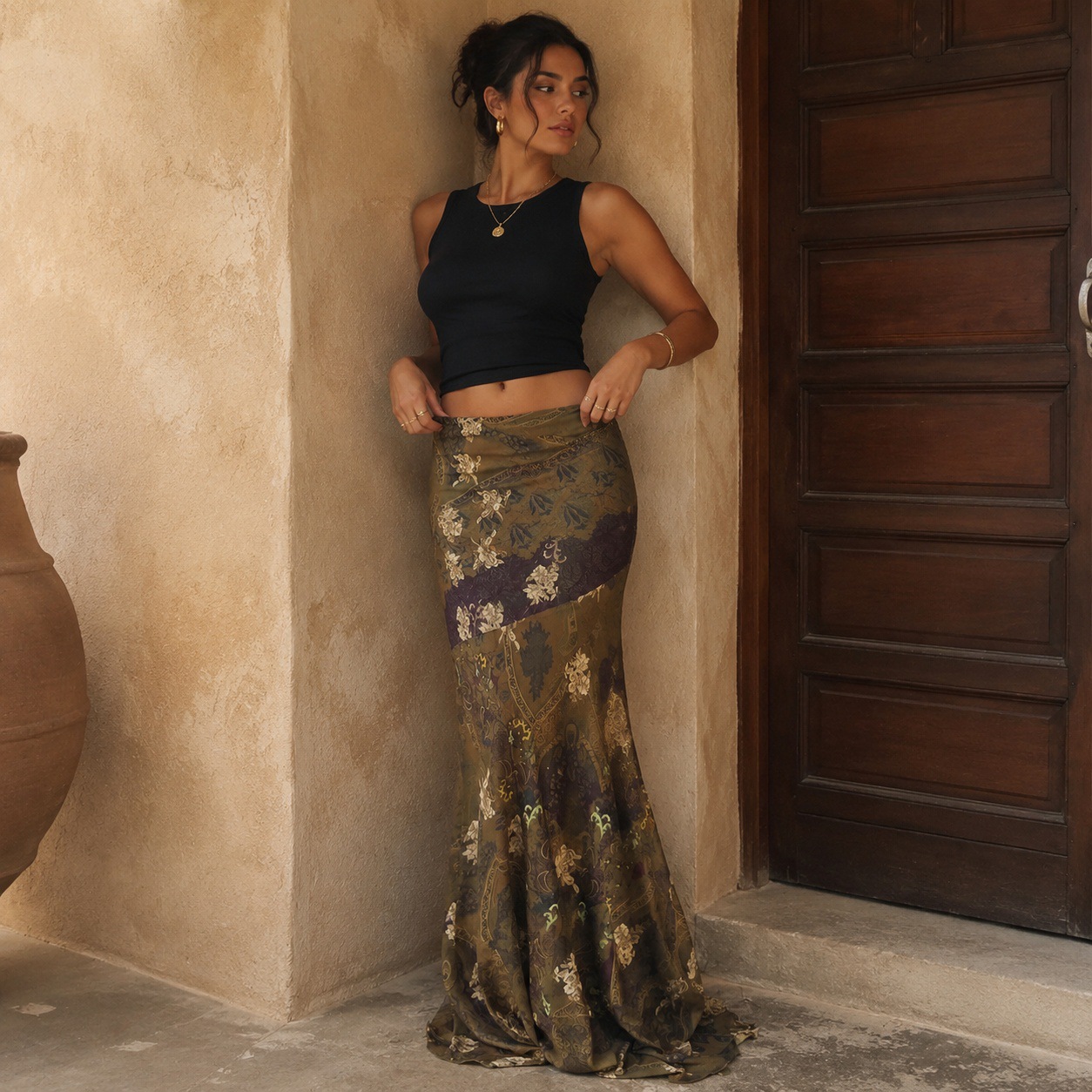 Vintage-Style Plant-Printed Bodycon Skirt for Foreign Trade and Cross-Border Sales, Niche Vintage Slim-Fit Fishtail Long Skirt