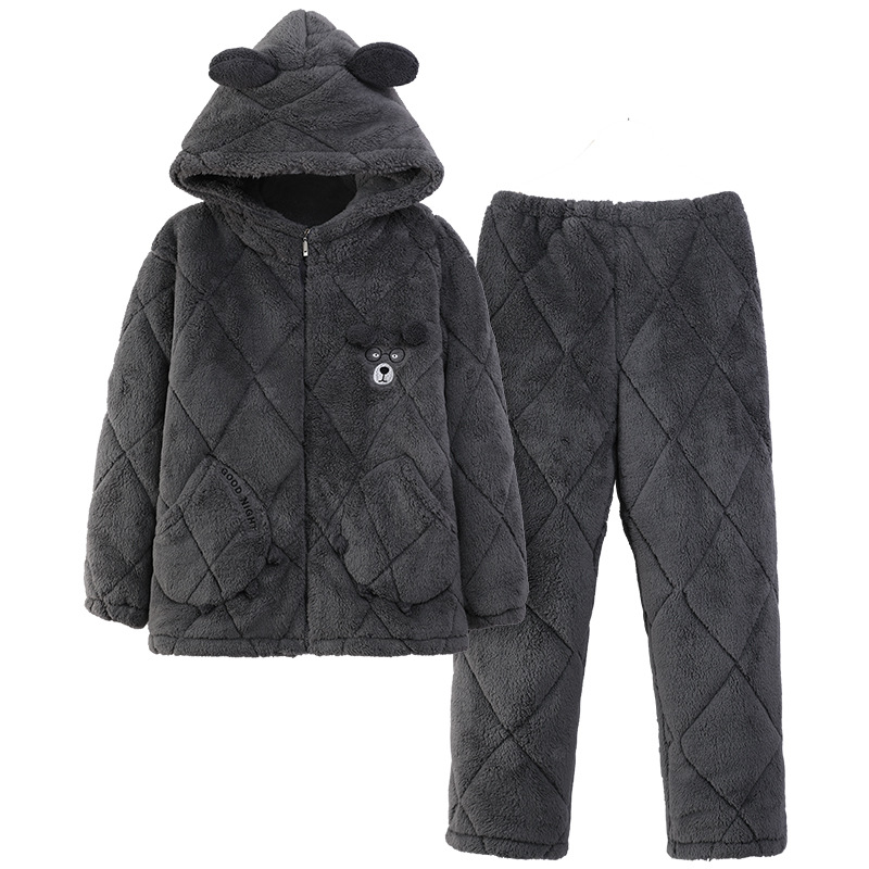 Pijamas de algodón de tres capas para hombres 2024 invierno de lana de coral de manga larga suelta y gruesa ropa de casa cálida set casual