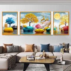 現代の軽い豪華な雰囲気のリビングルームの装飾画の新型の三連掛け画の高級なソファーの背景の壁の磁器画の壁画