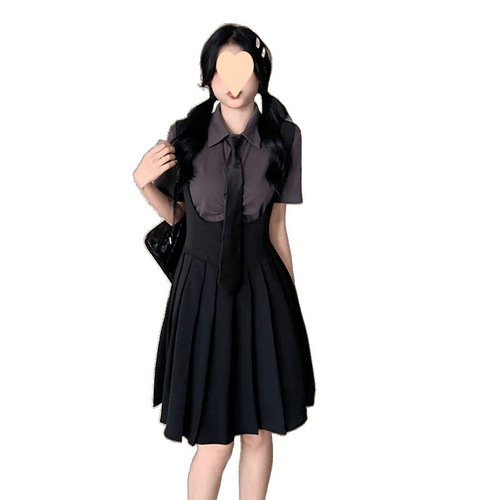 Sweet and Spicy School Style Unisex Women's Oversized Blouse + Tied Waist Pleated Short/Long Dress Sexy Fashion Set