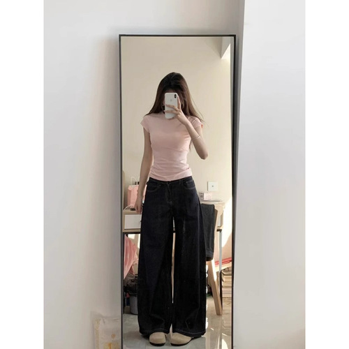Cotton Pink Right Shoulder Short Sleeve Shirt Women 2025 Summer Slim American Comic Waist Tight Slim Top