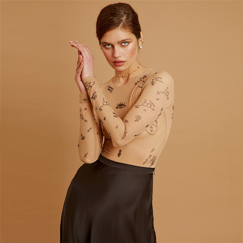 Estilo europeo y americano 2021 verano nuevas mujeres de cuello redondo manga larga moda malla transparente Sexy Slim jumpsuit mujeres