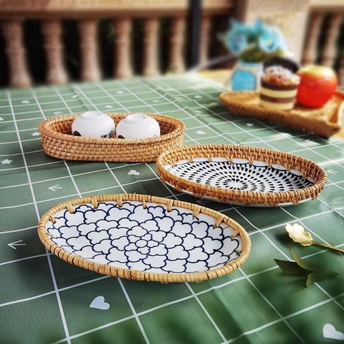 Rattan ceramic fruit plate, snack fruit basket, handmade storage basket, household tray, creative woven versatile plate