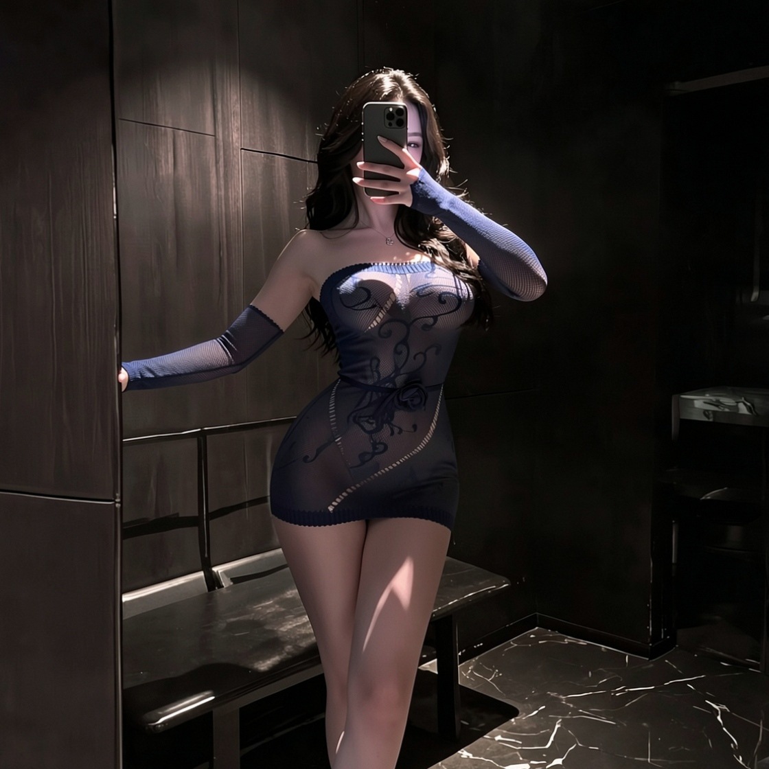 Blue Fishnet Lingerie Set with Bandeau Top and Arm Sleeves, Hollow-out One-piece Bodycon Skirt — detail image 2