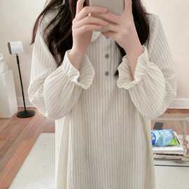 韩国ins女士夏季新品韩系条纹简约舒适睡衣休闲宽松睡裙家居服女