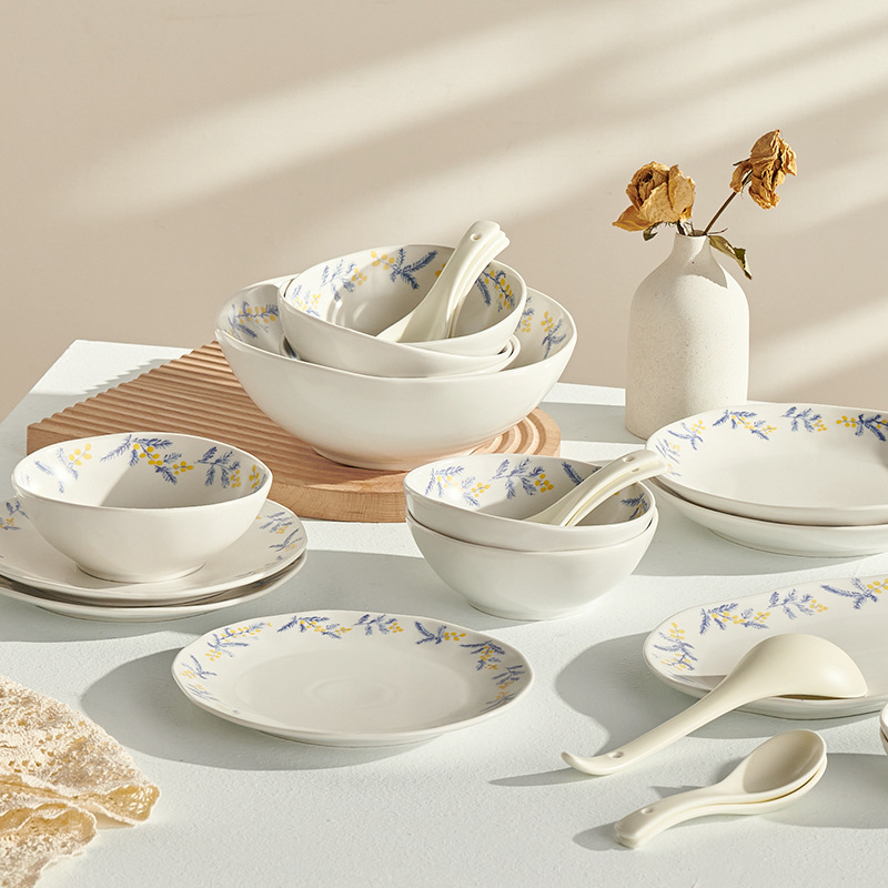 Simple and elegant acacia flower tableware set household large-capacity dinner plate rice bowl high-value ceramic rice bowl