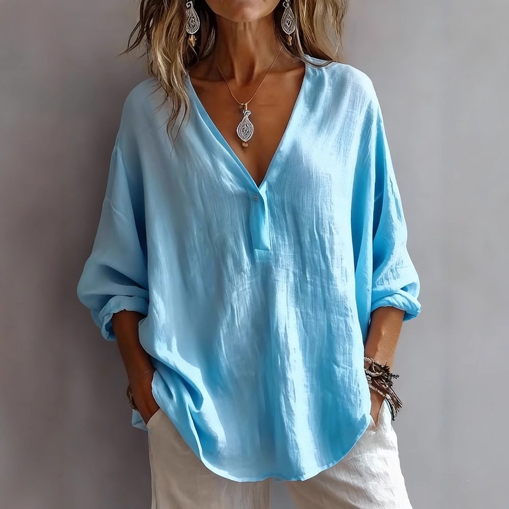 Women's V-Neck Long Sleeve Blouse Relaxed Fit Pullover Top For Autumn Casual Wear_ecoleips.com