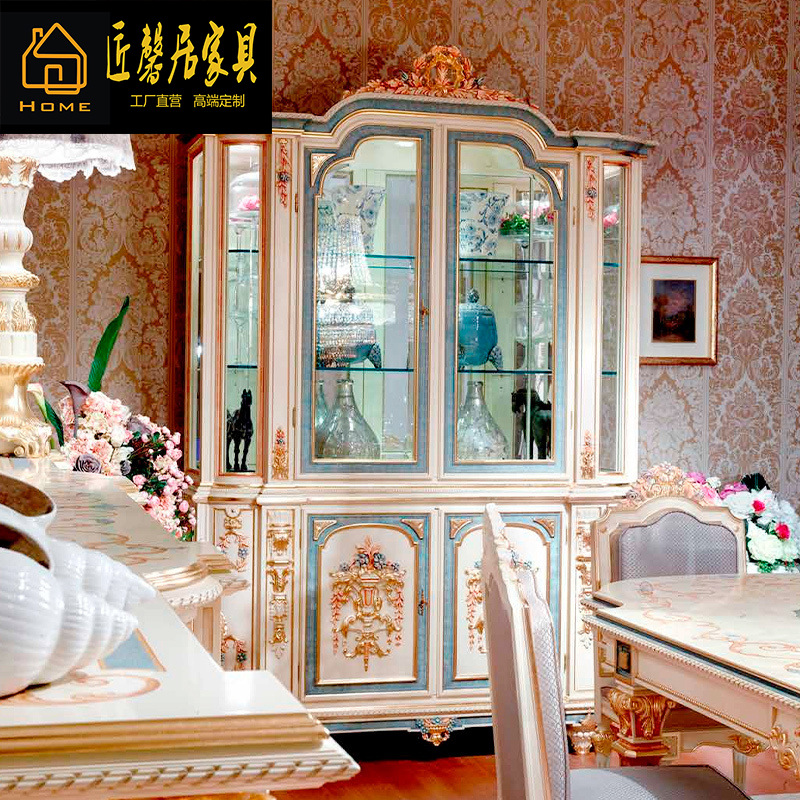 欧式桦木雕花彩绘酒柜客厅多门柜别墅储物柜展示柜餐边柜家具