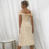 (Трансграничная торговля), летнее платье для отдыха, рукава фонарики, цветочный принт, короткий рукав, V-образный вырез