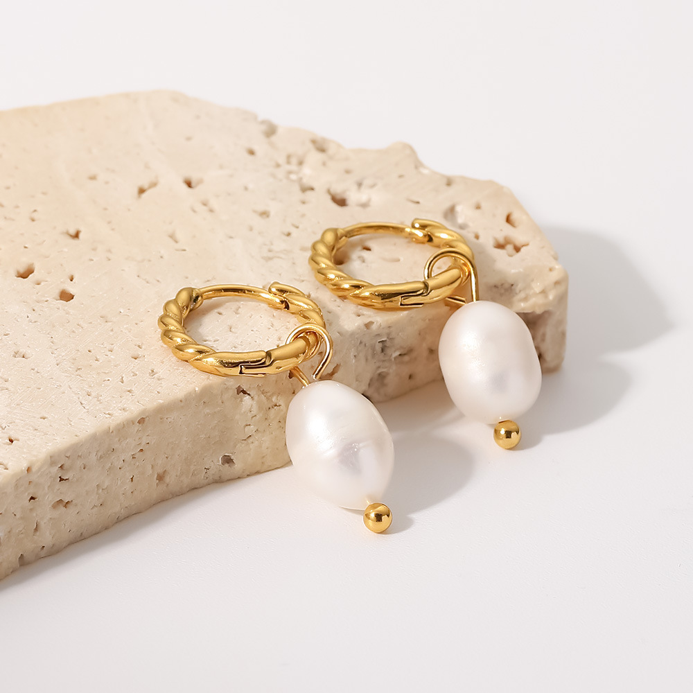Hoop Earrings, Drop Earrings Classification 1 Pair Quantity 1 Pair French Style Geometric Twist Ring 316 Stainless Steel  Freshwater Pearl PVD Coated Hoop Earrings Drop Earrings