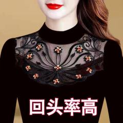 薄款/加绒圆领蕾丝打底衫女装长袖内搭洋气秋季新款修身网纱上衣