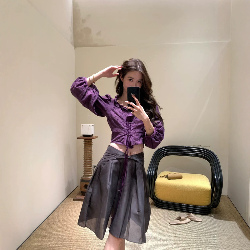 Toroon Jiajia Authentic Store~ Korean-Style Purple Lace-Up Shirt for Women, 2026 Summer Short High-Waisted Top