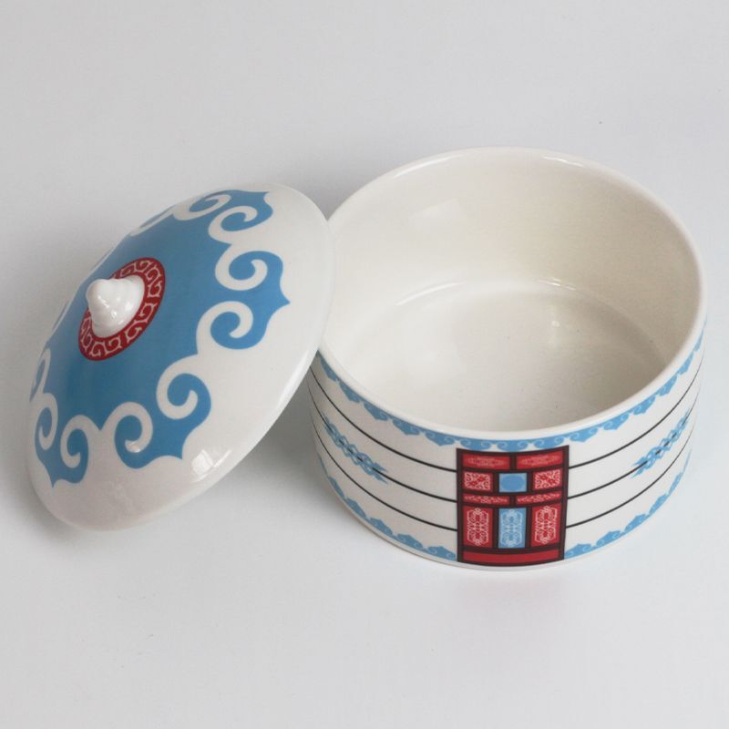 Mongolian Specialty Soup Bowl with Lid, Ceramic Craft, Yurt Style Soup Basin, Ethnic Crafts, Hotel Tableware