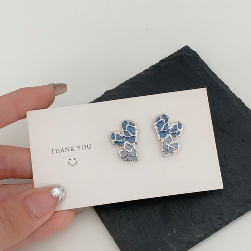 S925 silver needle retro style irregular blue love earrings high-end trendy earrings contrasting color personalized earrings