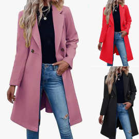 2024秋冬新品速卖通爆单长款毛呢女大衣亚马逊收腰系带双排扣外套