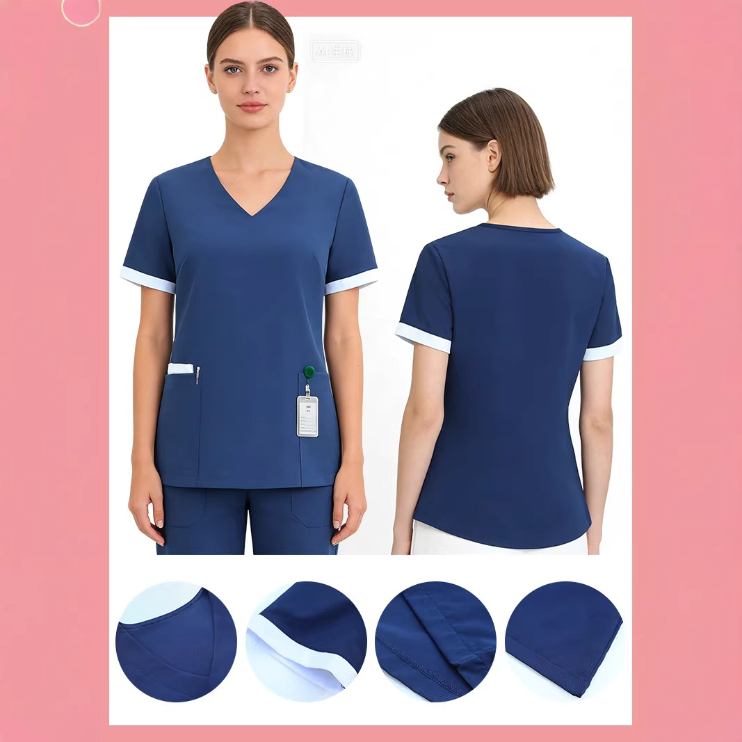 Medical Staff Work Uniforms, Dark Blue Slim-Fit Scrub Tops, Beauty Salon Receptionist Uniforms, Support Logo Printing
