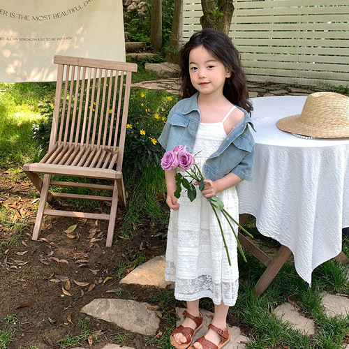 Elmo Beibei Children's Summer Skirt Set Girls Korean Style Short Denim Jacket + Lace Suspender Skirt Two-piece Set