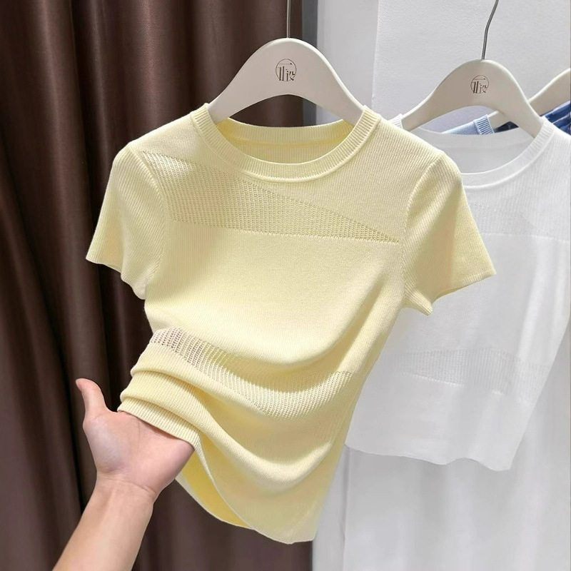 Yellow Right Shoulder Mesh Cut Out Short-Sleeved T-Shirt for Women 2025 Summer New Style Breathable and Cool Thin Knitted Waist Top