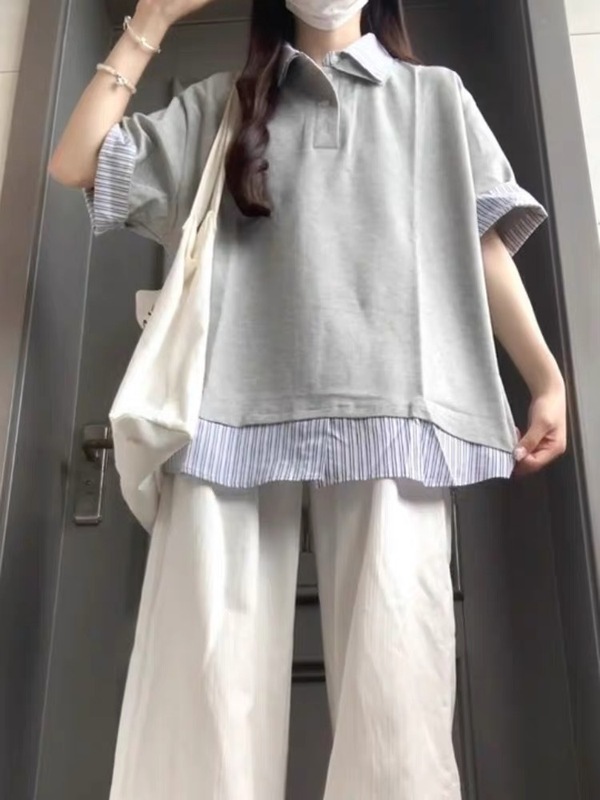 美式复古假两件拼接翻领短袖t恤女夏2025新款宽松减龄百搭上衣ins|undefined