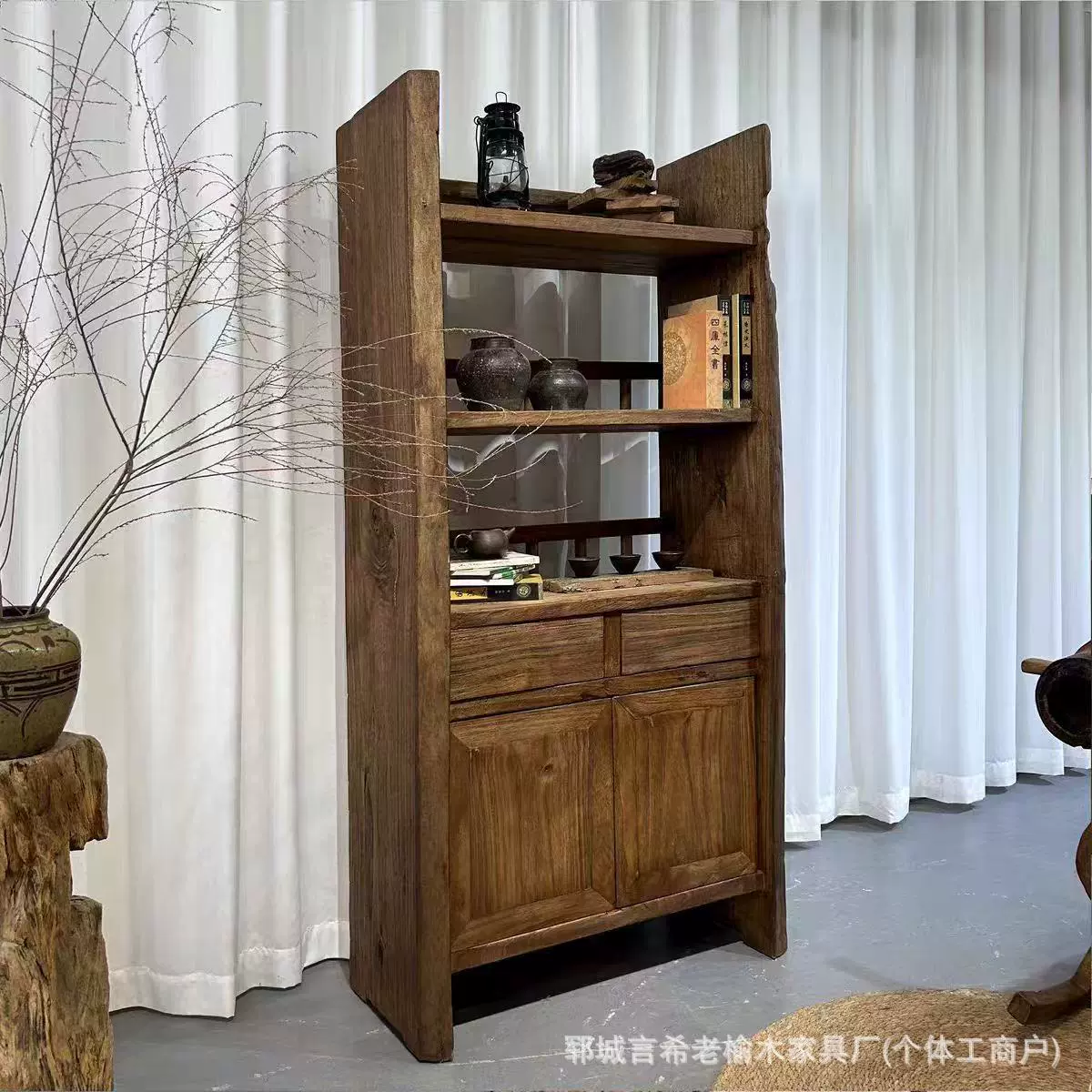 侘寂风老榆木展示柜实木博古架中古茶室置物架客厅民宿靠墙落地柜