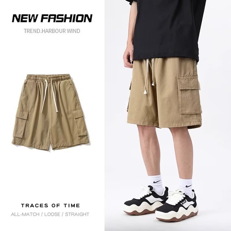 Men's Summer Trendy American-Style Army Green Cargo Shorts, Thin Loose Five-Point Casual Straight-Leg Cotton Pants