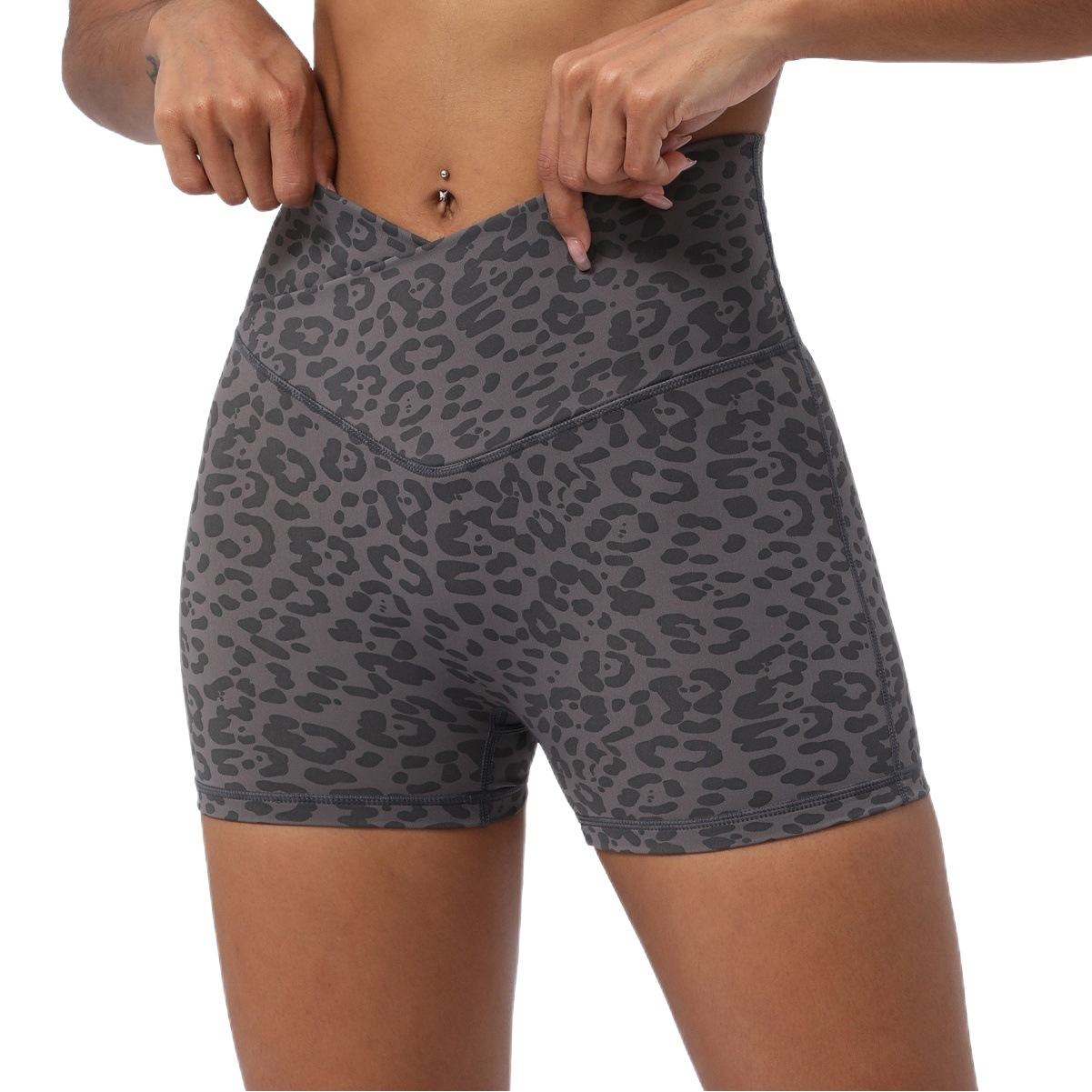 Pantalones cortos de yoga con estampado de leopardo transfronterizo cintura cruzada apretado melocotón pantalones cortos de levantamiento de cadera estiramiento cintura alta correr fitness tres pantalones