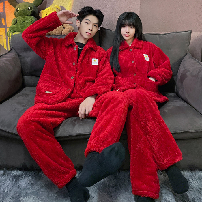 Superior coral azul pijamas pareja de felpa solapa Otoño e Invierno cardigan manga larga engrosada caliente desgaste del hogar traje