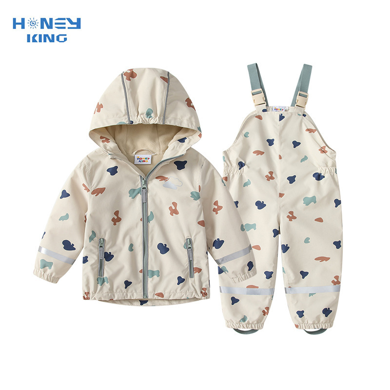 Beige Irregular Print Outdoor Jacket Set for Babies, Waterproof and Breathable Raincoat and Rain Pants Set