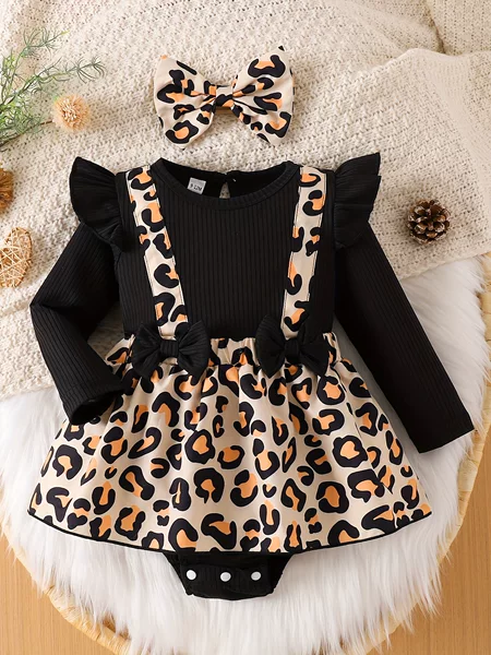 Cross-Border Ins Newborn Baby Girl Spring & Fall Style Flying Sleeves Bow Stitching Leopard Print Skirt Baggy Hoodie