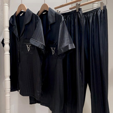 高定银丝刺绣情侣睡衣2025春夏季时尚冰丝网红明星同款短袖家居服