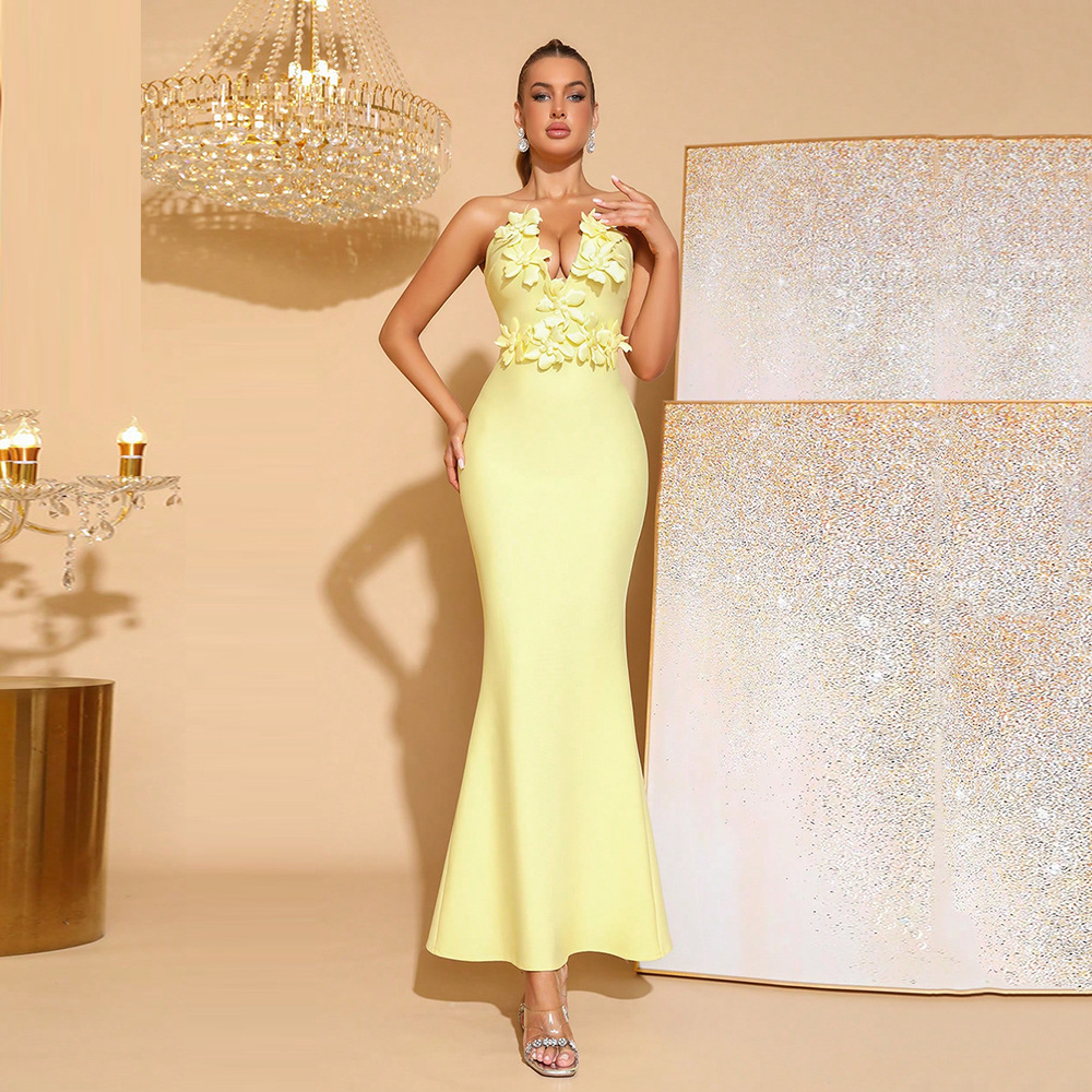 New European and American Style Strapless V-Neck Three-Dimensional Floral Mermaid Long Dress Women's Bandage Dress Elegant Evening Gown