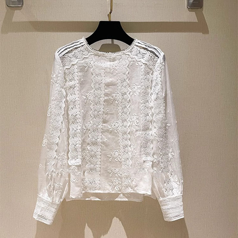 Shenzhen 2025 New Nanyou Women's Clothing European Embroidered Water Dissolved Flower Lace Top White Shirt Women's Design Sense Niche
