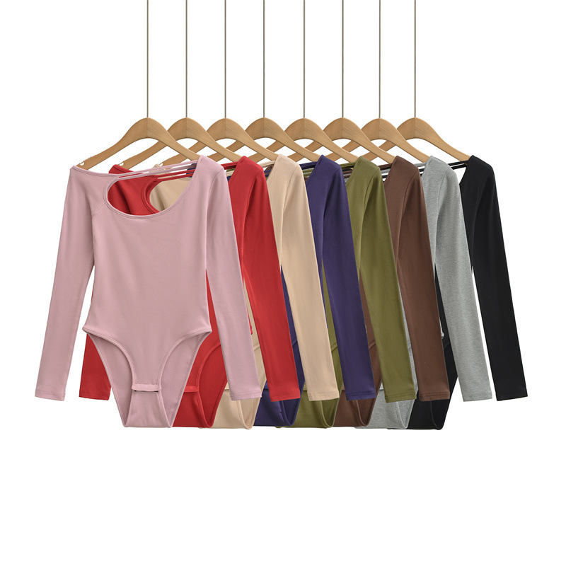 Hot Girl Double Cut Out Oblique Shoulder Straps Hot Girl Long-Sleeved Jumpsuit Waist Tight Hip-Covering Sexy Bottoming Fleece-Lined T-Shirt for Women