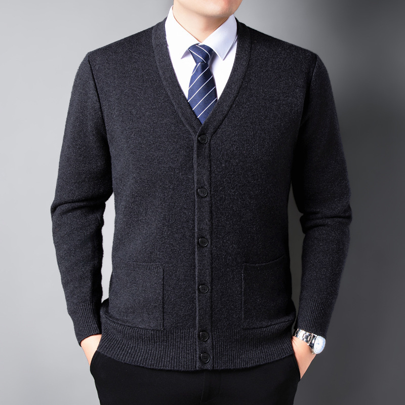 Autumn and Winter Brand Wool Sweater Men's V-Neck Single-breasted Cardigan Long-sleeved Business Casual Middle-aged fleece-lined Knitted Sweater
