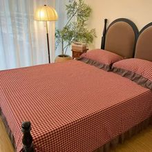 纯棉色织床盖三件套夹棉防滑床单可机洗水洗四季款法式格子大花边