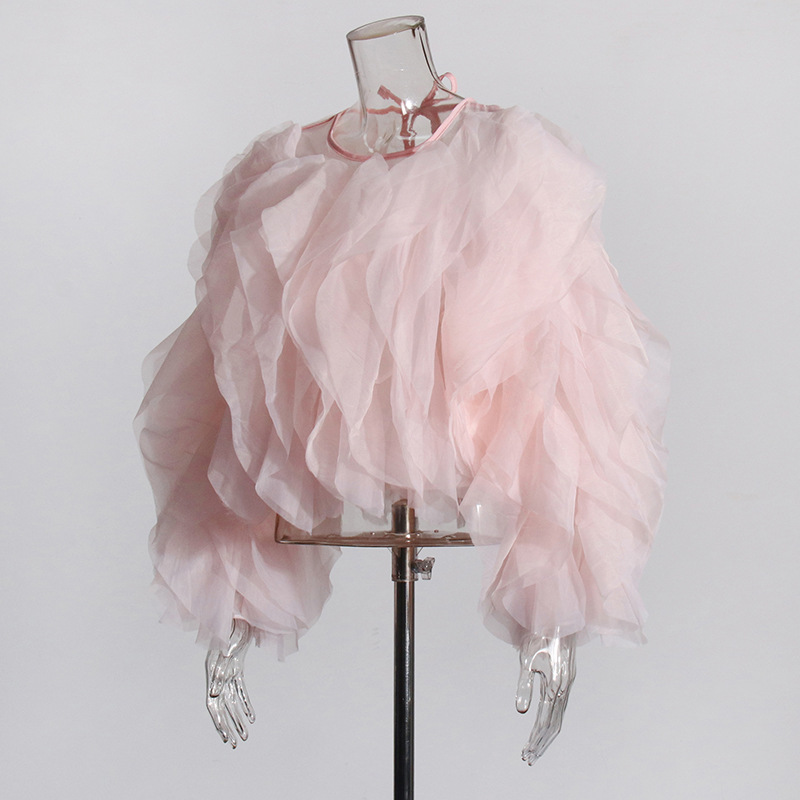 K Elegant Temperament Short Solid Color Top New High-end Round Neck Multi-layer Ruffle Edge Splicing Shirt_voghion.com