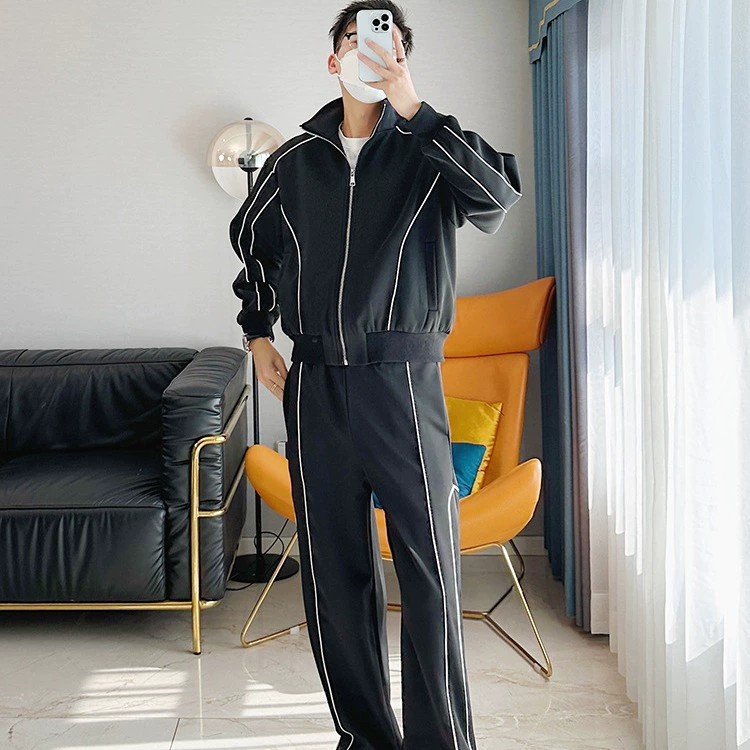 Высококачественный красивый спортивный костюм для отдыха с рюшами, мужской свободный дизайн, куртка-кардиган, широкие брюки, подходящие к модному костюму из двух частей