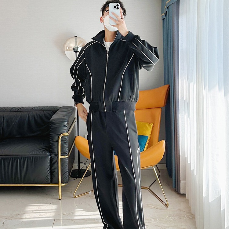 High-end feeling ruffian handsome leisure sports suit men's loose design feeling cardigan jacket wide leg pants matching two-piece suit fashion