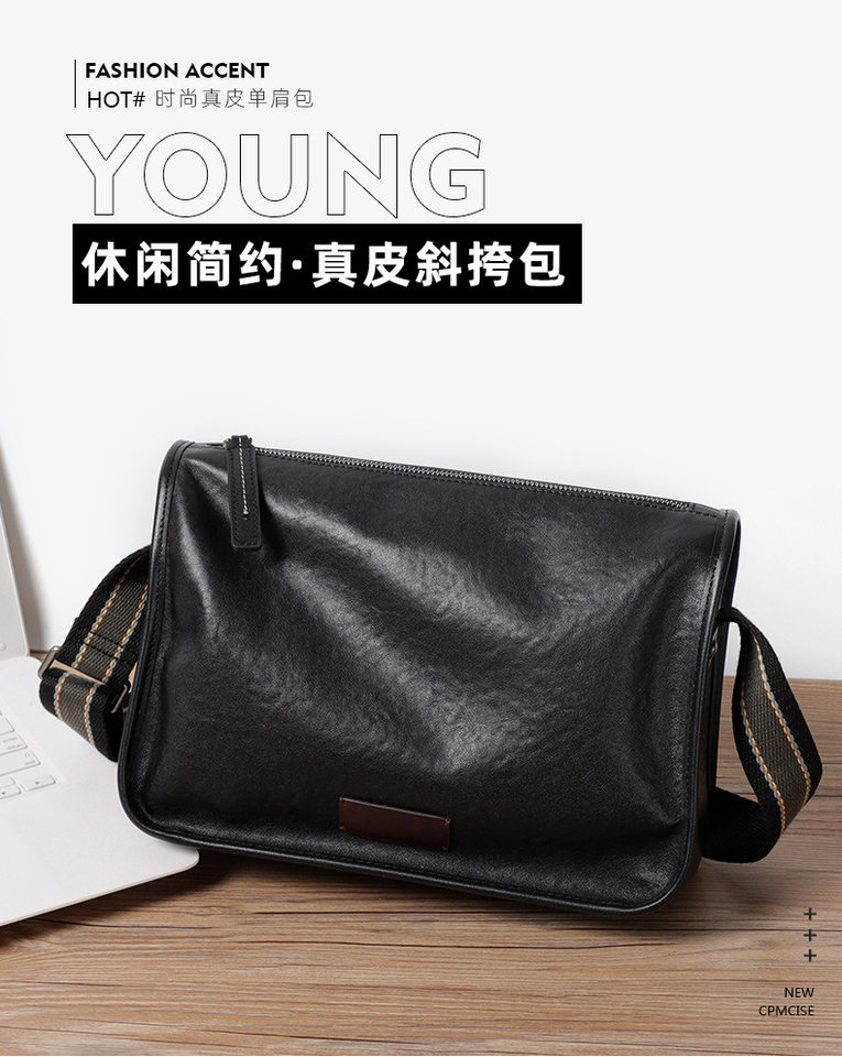 Túi đeo chéo nam da bò kiểu retro 29×11×17 cm — Màu đen da thực vật, Da cầm tay màu đen chi tiết 1