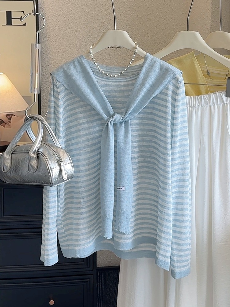 ニットの夏の新型の薄いタイプのゆるいニットのカーディガンの上着の上着の韓国版のカジュアルなストライプの日焼け止めのブラウス