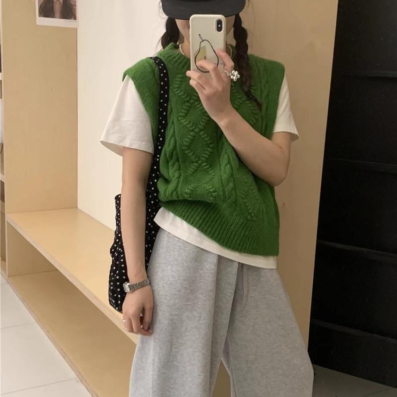 女性のためのハイエンドの麻模様のラウンドネックセーターベスト春の新しいルーズレイヤードニットベストトップアウター|undefined