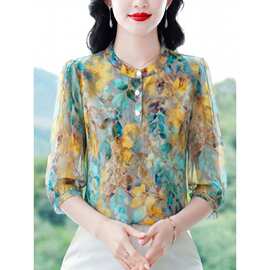 欧货印花七分袖雪纺衬衫女士夏季2026新款夏装薄款宽松衬衣女上衣