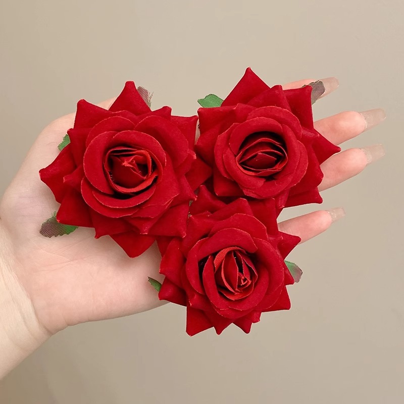 Retro Rosa Roja horquilla hembra grande flor roja flequillos laterales clip de pico de pato horquilla falsa flor tocado accesorios de la foto