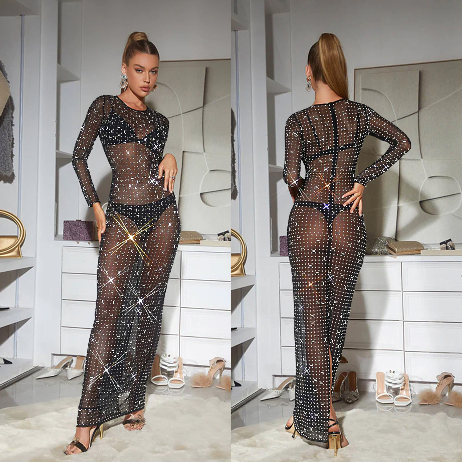 C6505 transfronterizo AliExpress Amazon Europa y América de las mujeres de moda de color sólido malla rhinestone Vestido de manga larga vestido image 3