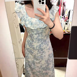 女夏季修身显瘦气质度假风晕染设计温柔系通勤款夏季女生圆领长裙