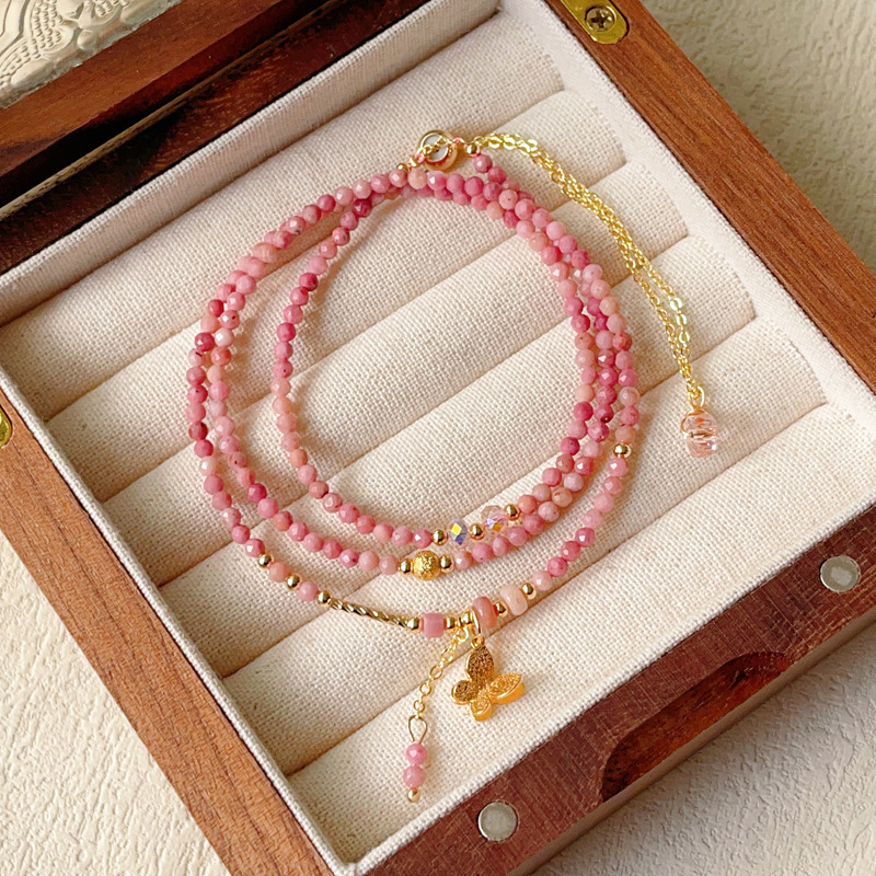 Pink Opal Three Circle Bracelet Two-In-One Necklace Accessories New Year Atmosphere Medieval Style Clavicle Chain for Women