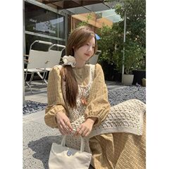 韩系甜美风套装群女黄色格子衬衫连衣裙早秋叠穿针织罩裙子两件套