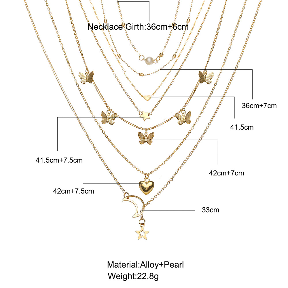 Crossborder Alloy Necklace Set Retro Creative Personality Multilayer Butterfly Pendant 6 Moon Peach Heart Necklacespicture1