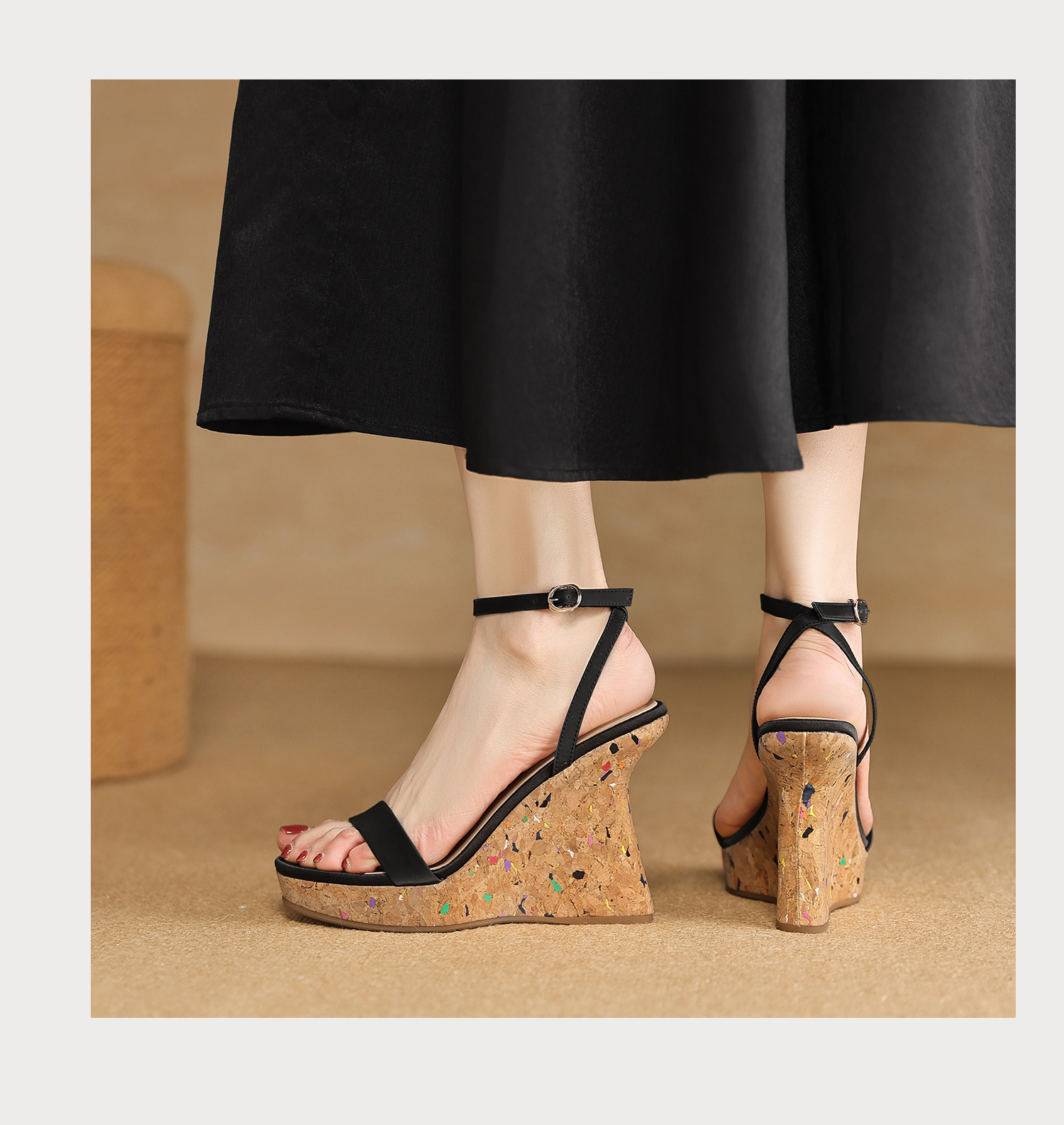 Sandal cao gót nữ quai ngang hở mũi đế xuồng gót 9 cm — màu đen, bạc chi tiết 13